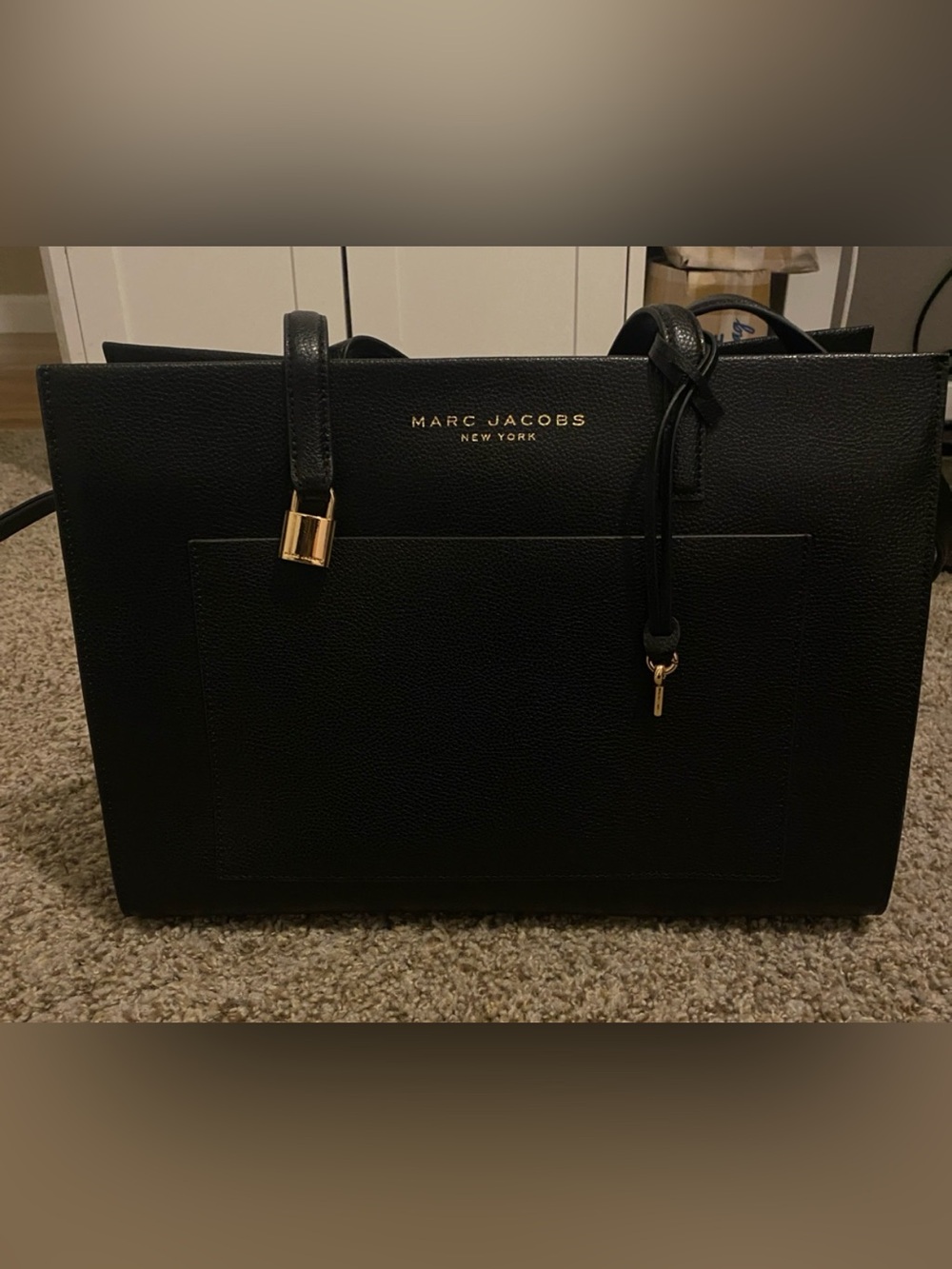 Marc Jacobs Black Leather Tote with Gold Accents